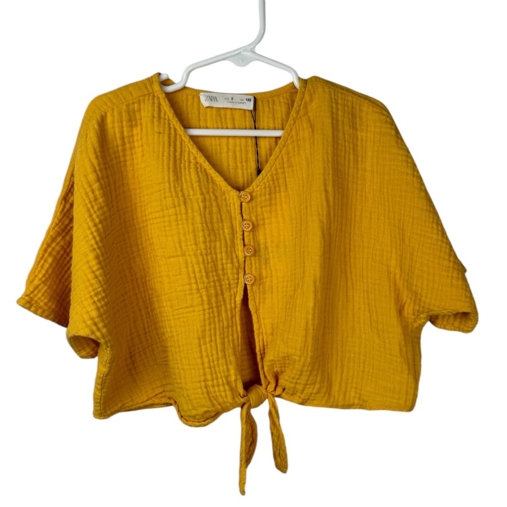 Zara Girls Gauzy Cotton Tie Short Sleeve Top Mustard‎ Yellow NWT size 7 V-neck